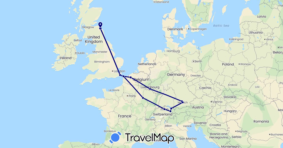 TravelMap itinerary: driving in Austria, Belgium, Switzerland, Germany, France, United Kingdom, Liechtenstein, Luxembourg (Europe)